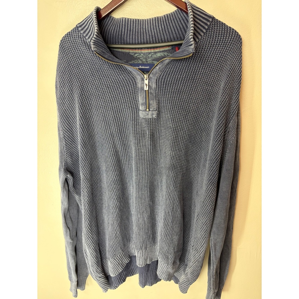 Tommy Bahama Mens 2XB Blue Waffle Knit Quarter Zip Cotton Sweater Faded Indigo